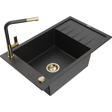 Mexen Elias 1-bowl granite sink with drainer and Flora kitchen faucet, black/silver metallic - 6511-73-670401-57-G