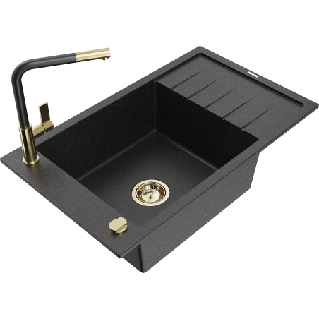 Mexen Elias granite sink 1-bowl with drainer and Flora kitchen faucet, black/silver metallic - 6511-73-670401-57-G