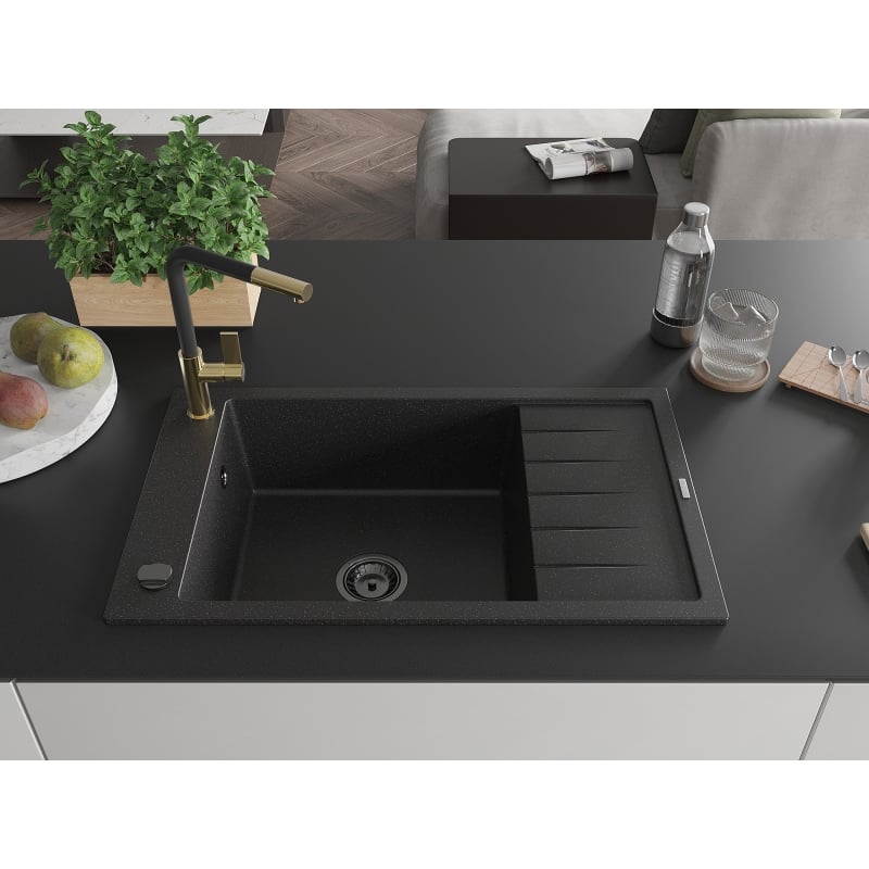 Mexen Elias 1-bowl granite sink with drainer and Flora kitchen faucet, black/silver metallic - 6511-73-670401-57-B