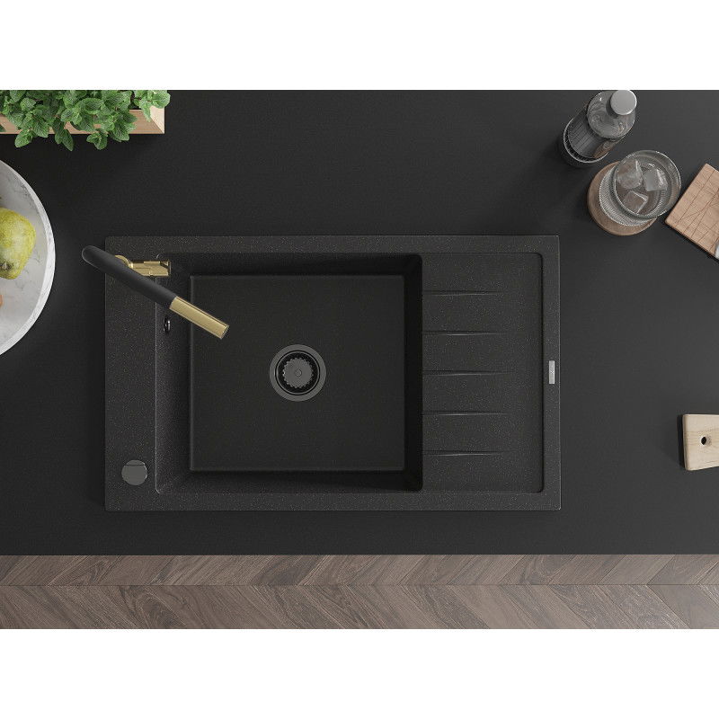 Mexen Elias Granite Sink 1-Bowl with Drainer and Flora Kitchen Tap, Black/Silver Metallic - 6511-73-670401-57-B