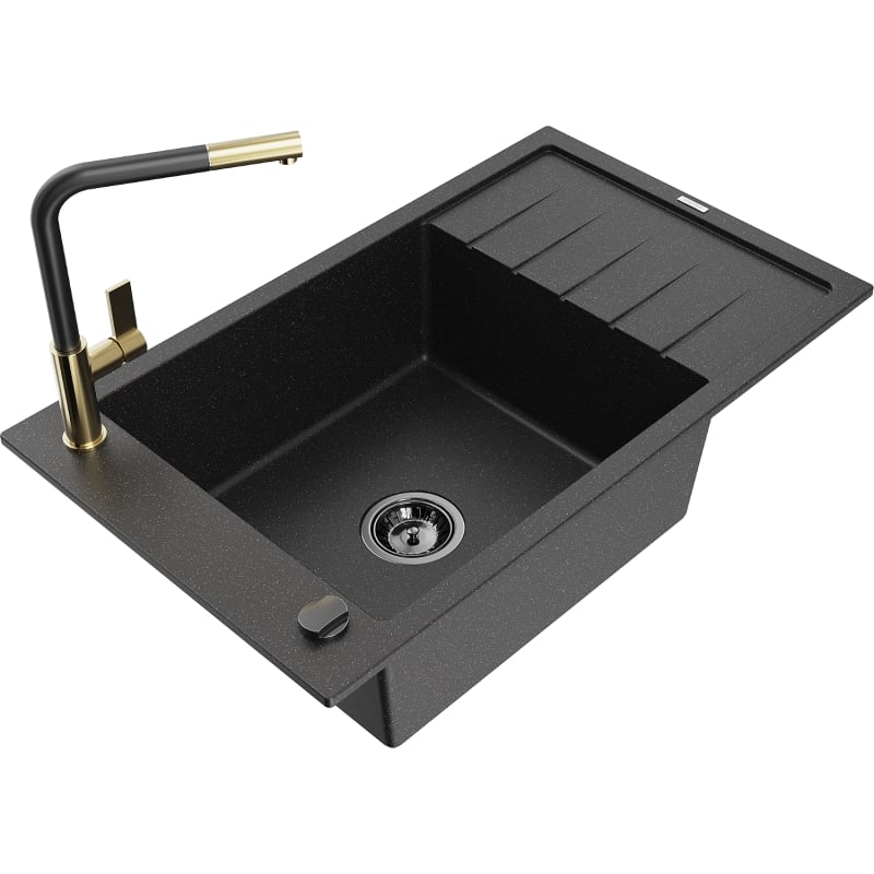 Mexen Elias 1-bowl granite sink with drainer and Flora kitchen faucet, black/silver metallic - 6511-73-670401-57-B