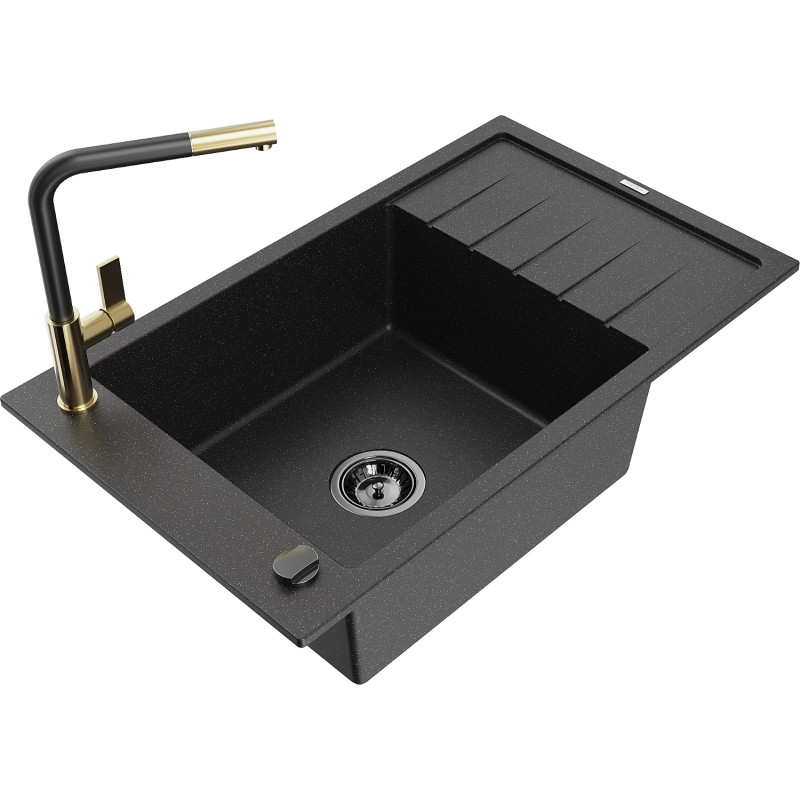 Mexen Elias single-bowl granite sink with drainer and Flora kitchen faucet, black/silver metallic - 6511-73-670401-57-B