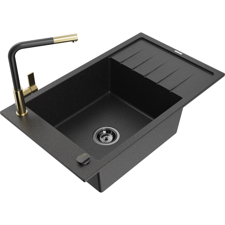 Mexen Elias 1-bowl granite sink with drainer and Flora kitchen faucet, black/silver metallic - 6511-73-670401-57-B