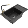 Mexen Elias single-bowl granite sink with drainer and Flora kitchen faucet, black/silver metallic - 6511-73-670401-57-B