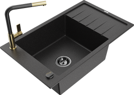 Mexen Elias single-bowl granite sink with drainer and Flora kitchen faucet, black/silver metallic - 6511-73-670401-57-B