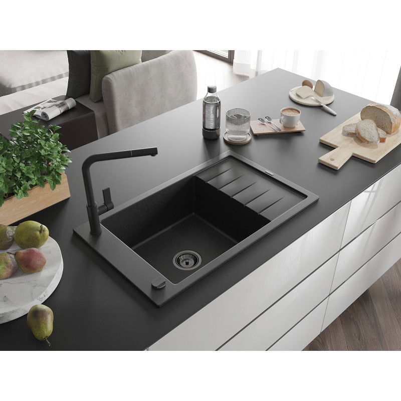 Mexen Elias granite sink 1-bowl with drainer and Flora kitchen tap, black/silver metallic - 6511-73-670401-70-B