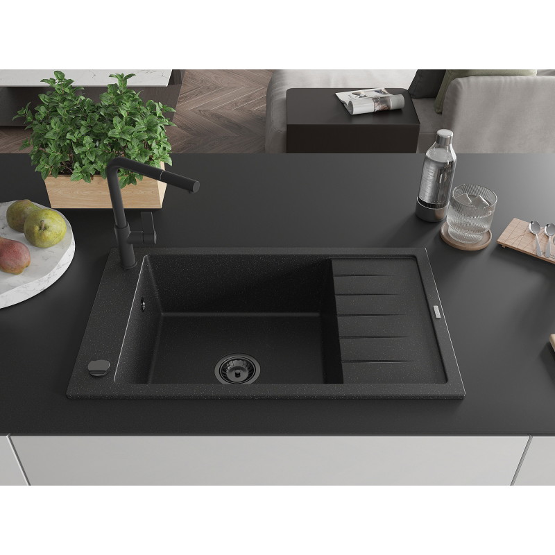 Mexen Elias granite kitchen sink 1-bowl with drainer and Flora kitchen faucet, black/silver metallic - 6511-73-670401-70-B