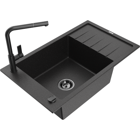 Mexen Elias granite kitchen sink 1-bowl with drainer and Flora kitchen faucet, black/silver metallic - 6511-73-670401-70-B