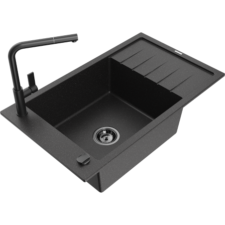 Mexen Elias granite sink with 1 bowl, drainer, and Flora kitchen faucet, black/silver metallic - 6511-73-670401-70-B