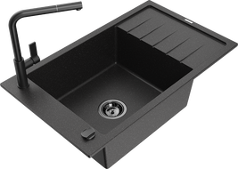Mexen Elias granite sink with 1 bowl, drainer, and Flora kitchen faucet, black/silver metallic - 6511-73-670401-70-B