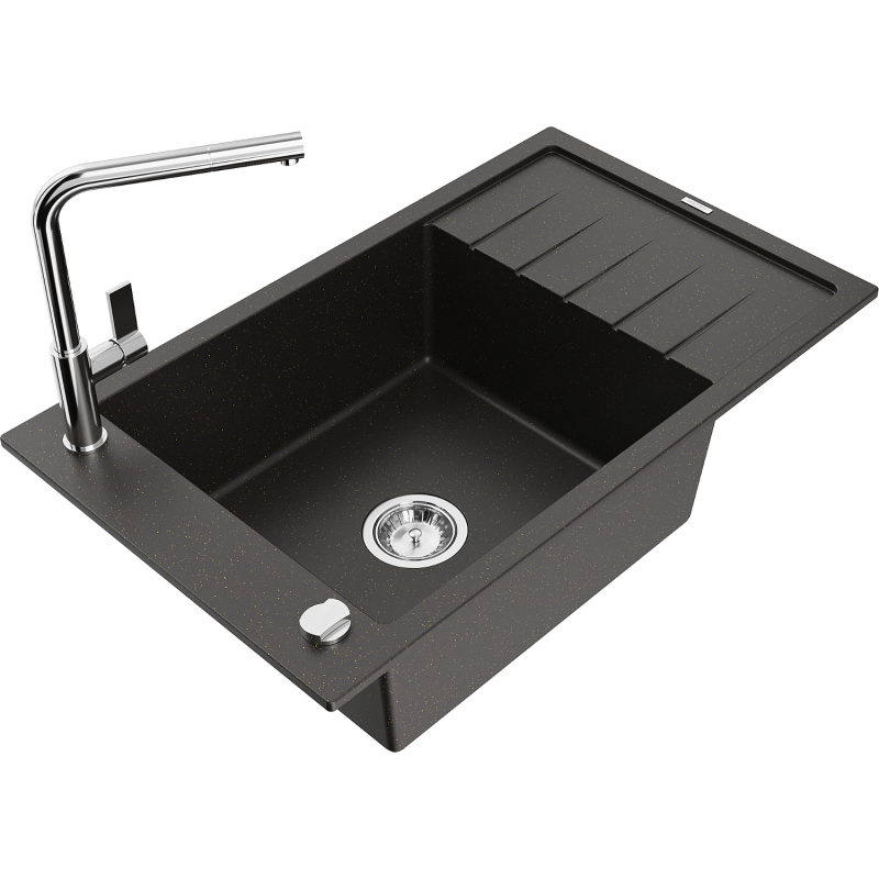 Mexen Elias 1-compartment granite sink with a drip tray and kitchen mixer tap Flora, Black/Gold metallic - 6511-75-670401-00