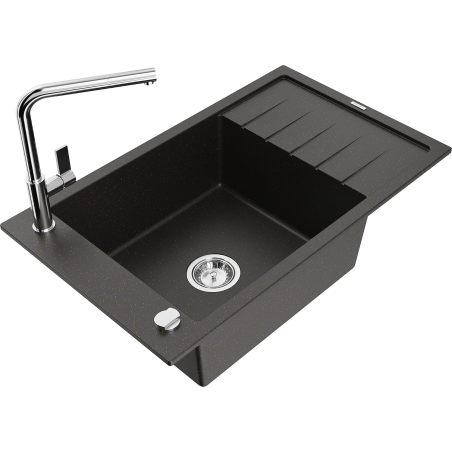 Mexen Elias granite kitchen sink 1-bowl with drainer and kitchen faucet Flora, black/golden metallic - 6511-75-670401-00