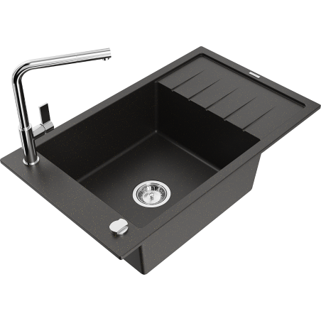 Mexen Elias granite kitchen sink 1-compartment with drainer and Flora kitchen faucet, black/gold metallic - 6511-75-670401-00