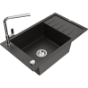 Mexen Elias granite kitchen sink 1-compartment with drainer and Flora kitchen faucet, black/gold metallic - 6511-75-670401-00