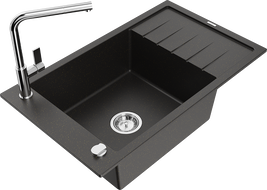 Mexen Elias granite kitchen sink 1-compartment with drainer and Flora kitchen faucet, black/gold metallic - 6511-75-670401-00