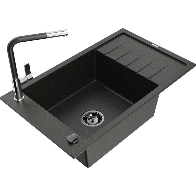 Mexen Elias granite single-bowl sink with drainer and Flora kitchen faucet, black/gold metallic - 6511-75-670401-07-B