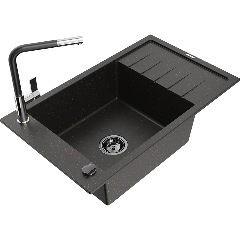 Mexen Elias granite sink 1-bowl with drainer and Flora kitchen tap, black/gold metallic - 6511-75-670401-07-B