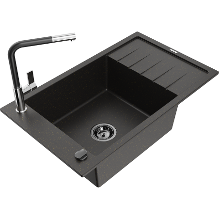 Mexen Elias granite single-bowl sink with drainer and Flora kitchen faucet, black/gold metallic - 6511-75-670401-07-B