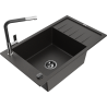 Mexen Elias granite single-bowl sink with drainer and Flora kitchen faucet, black/gold metallic - 6511-75-670401-07-B