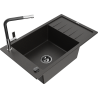 Mexen Elias granite sink 1-bowl with drainer and Flora kitchen tap, black/gold metallic - 6511-75-670401-07-B