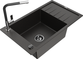 Mexen Elias granite single-bowl sink with drainer and Flora kitchen faucet, black/gold metallic - 6511-75-670401-07-B