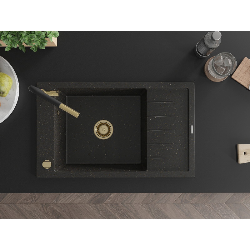 Mexen Elias granite sink single-bowl with drainer and Flora kitchen faucet, black/gold metallic - 6511-75-670401-57-G