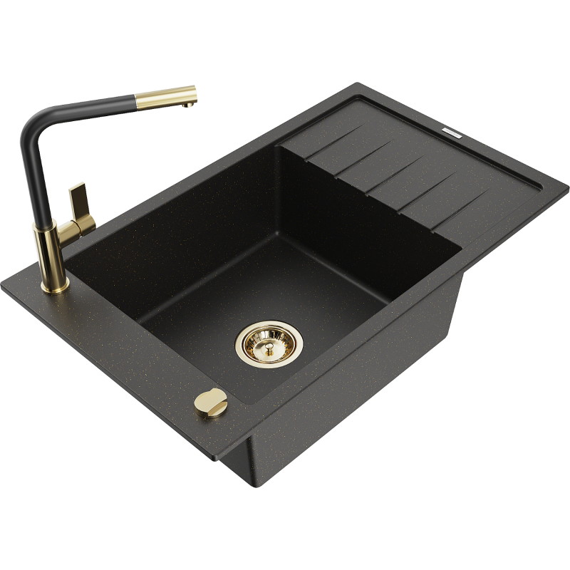 Mexen Elias granite sink 1-chamber with drainer and kitchen faucet Flora, black/gold metallic - 6511-75-670401-57-G