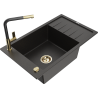 Mexen Elias granite sink 1-chamber with drainer and kitchen faucet Flora, black/gold metallic - 6511-75-670401-57-G