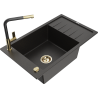 Mexen Elias granite sink single-bowl with drainer and Flora kitchen faucet, black/gold metallic - 6511-75-670401-57-G