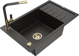 Mexen Elias granite sink 1-chamber with drainer and kitchen faucet Flora, black/gold metallic - 6511-75-670401-57-G