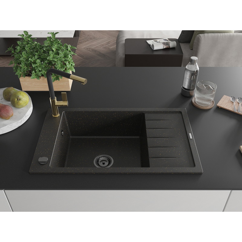 Mexen Elias granite kitchen sink 1-bowl with drainer and Flora kitchen faucet, black/gold metallic - 6511-75-670401-57-B