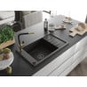 Mexen Elias granite sink 1-bowl with drainer and Flora kitchen tap, black/golden metallic - 6511-75-670401-57-B