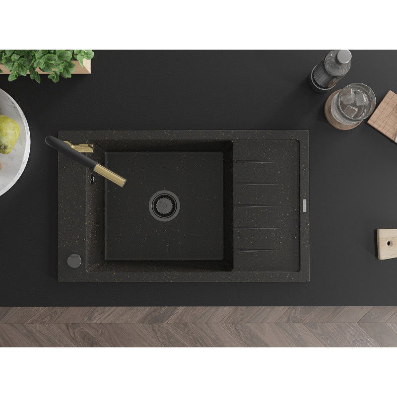 Mexen Elias granite sink 1-bowl with drainer and Flora kitchen tap, black/golden metallic - 6511-75-670401-57-B