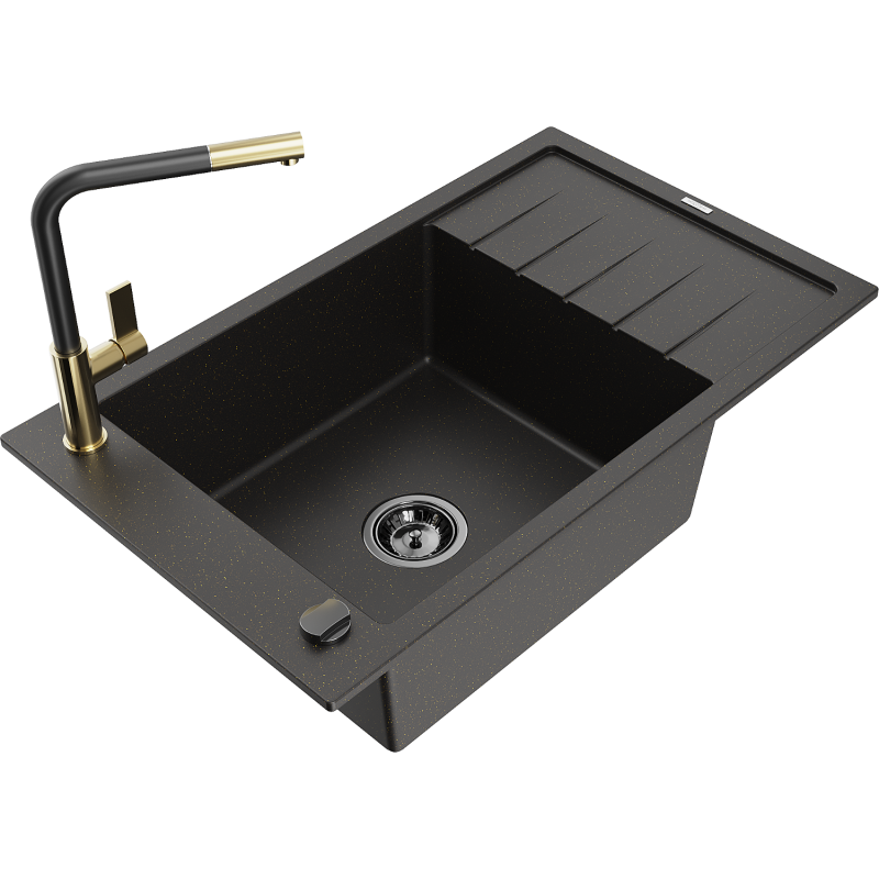 Mexen Elias 1-compartment granite sink with a drip tray and kitchen mixer tap Flora, Black/Gold metallic - 6511-75-670401-57-B
