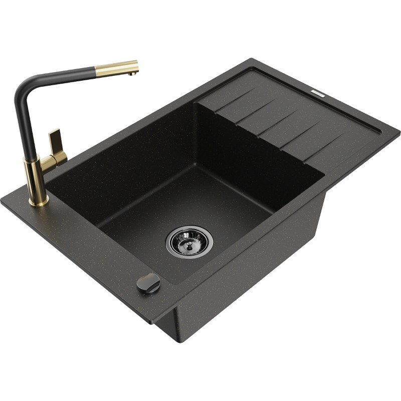 Mexen Elias granite kitchen sink 1-bowl with drainer and Flora kitchen faucet, black/gold metallic - 6511-75-670401-57-B