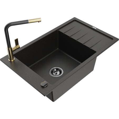 Mexen Elias granite sink 1-bowl with drainer and Flora kitchen tap, black/golden metallic - 6511-75-670401-57-B