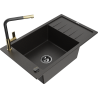 Mexen Elias granite kitchen sink 1-bowl with drainer and Flora kitchen faucet, black/gold metallic - 6511-75-670401-57-B