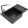Mexen Elias granite sink 1-bowl with drainer and Flora kitchen tap, black/golden metallic - 6511-75-670401-57-B