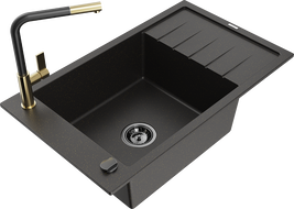 Mexen Elias granite kitchen sink 1-bowl with drainer and Flora kitchen faucet, black/gold metallic - 6511-75-670401-57-B