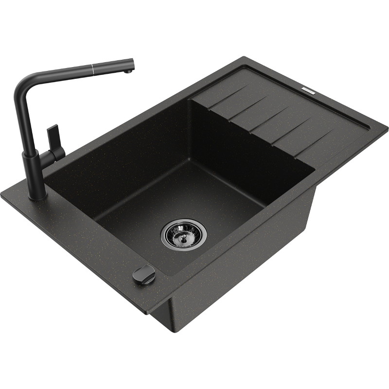 Mexen Elias 1-bowl granite sink with drainer and Flora kitchen faucet, black/gold metallic - 6511-75-670401-70-B