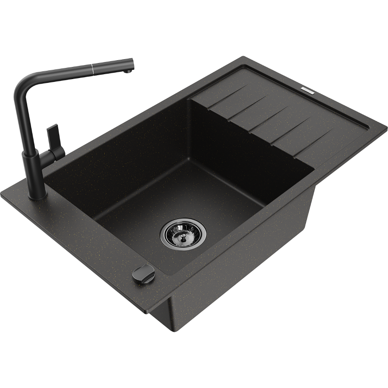 Mexen Elias 1-compartment granite sink with a drip tray and kitchen mixer tap Flora, Black/Gold metallic - 6511-75-670401-70-B