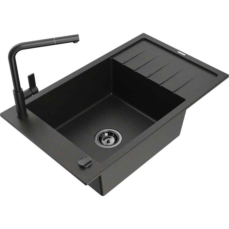 Mexen Elias one-bowl granite sink with drainer and Flora kitchen tap, black/gold metallic - 6511-75-670401-70-B