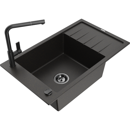 Mexen Elias 1-bowl granite sink with drainer and Flora kitchen faucet, black/gold metallic - 6511-75-670401-70-B