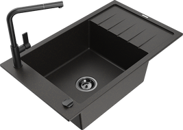 Mexen Elias 1-bowl granite sink with drainer and Flora kitchen faucet, black/gold metallic - 6511-75-670401-70-B