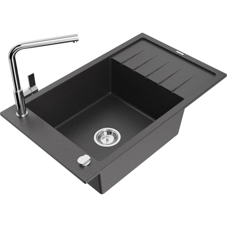 Mexen Elias granite kitchen sink 1-bowl with drainer and kitchen faucet Flora, black speckled - 6511-76-670401-00