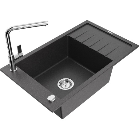 Mexen Elias granite kitchen sink, single bowl with drainer and Flora kitchen faucet, black speckled - 6511-76-670401-00