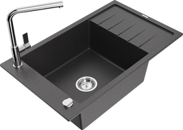 Mexen Elias granite kitchen sink 1-bowl with drainer and kitchen faucet Flora, black speckled - 6511-76-670401-00