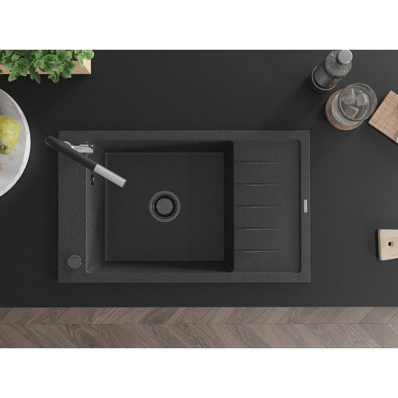 Mexen Elias 1-bowl granite sink with drainer and Flora kitchen tap, speckled black - 6511-76-670401-07-B
