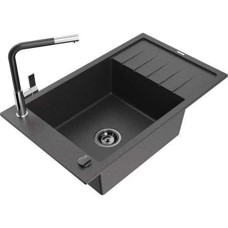 Mexen Elias 1-bowl granite sink with drainer and Flora kitchen tap, speckled black - 6511-76-670401-07-B