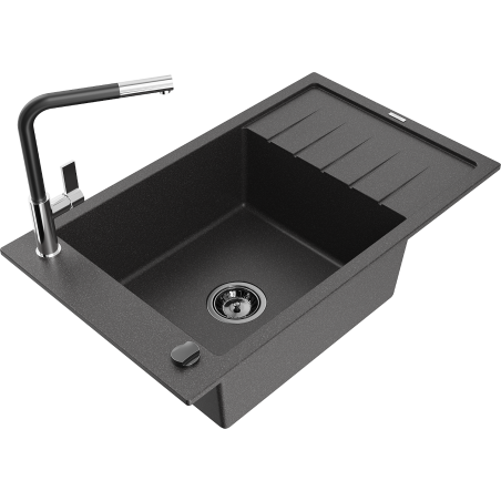 Mexen Elias granite kitchen sink 1-bowl with drainer and Flora kitchen faucet, speckled black - 6511-76-670401-07-B